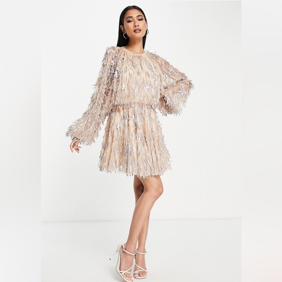 ASOS EDITION blouson sleeve mini dress with teardrop sequin in blush - Picture 1 of 4